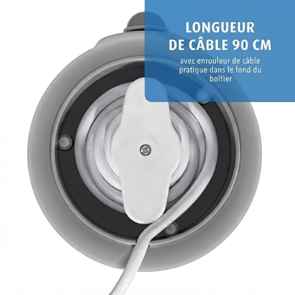 Boîtier gris avec câble blanc enroulé et poignée blanche. Longueur de câble 90 cm.