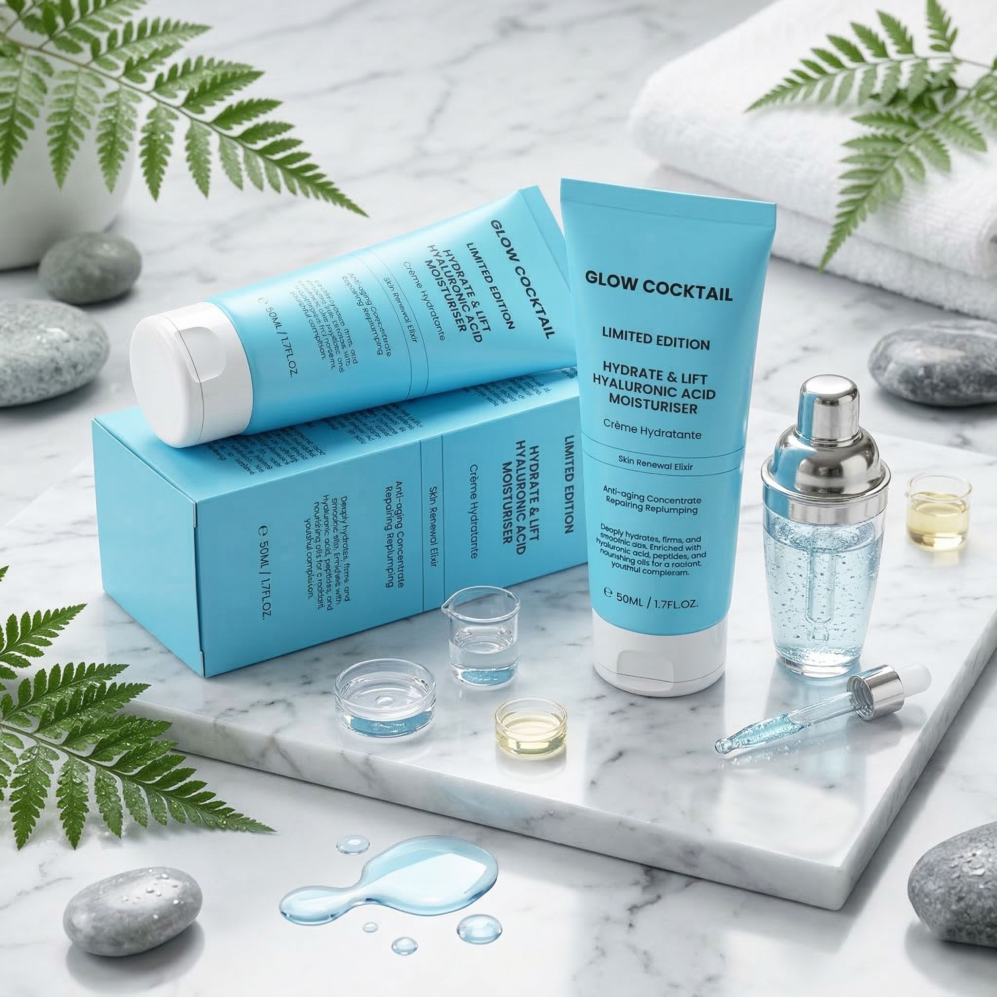 Deux tubes bleu clair et une boîte avec l'inscription "Glow Cocktail Hydrate & Lift Hyaluronic Acid Moisturiser", à côté un shaker et de petits verres.