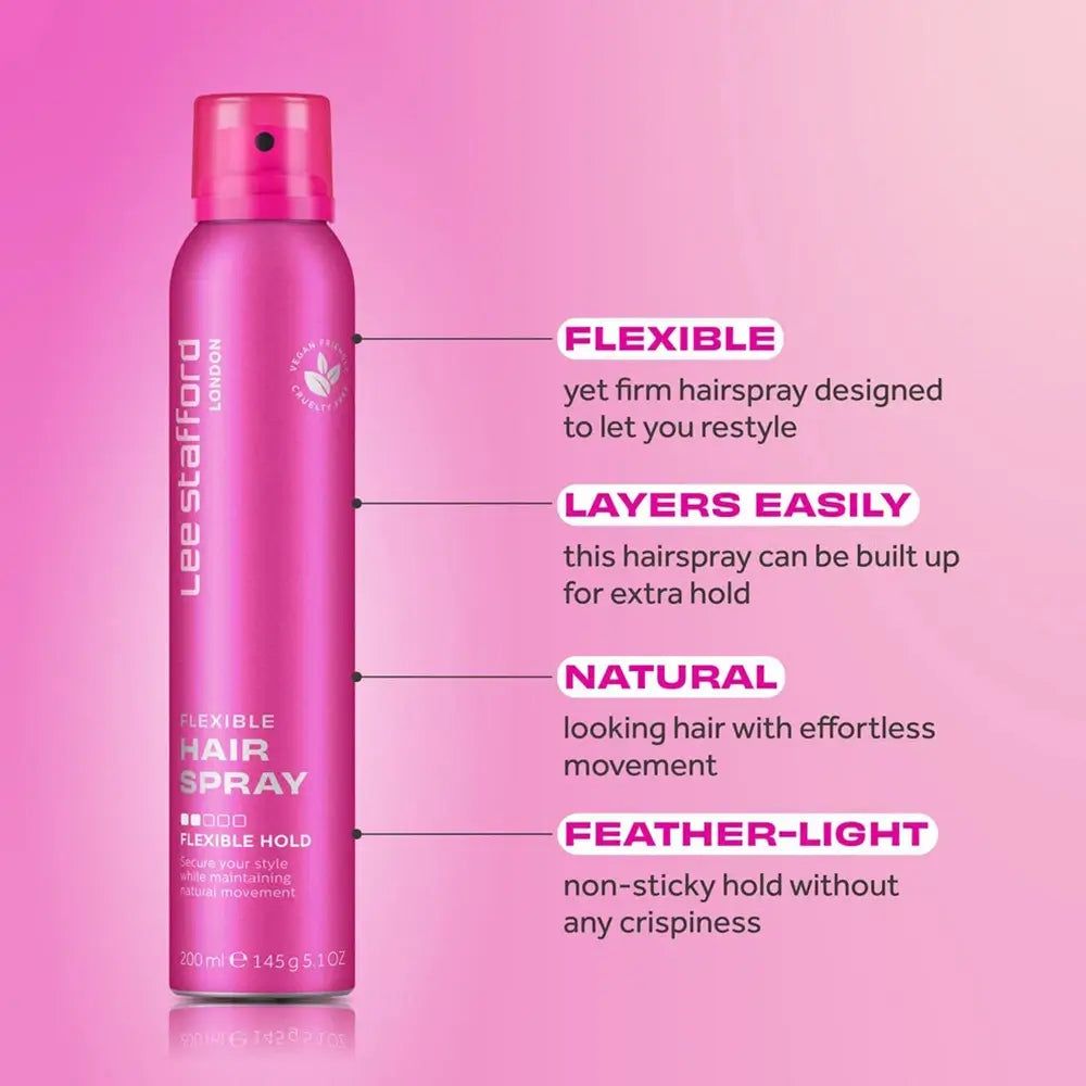 Flacon Lee Stafford Flexible Hairspray avec explications sur la flexibilité et la tenue.