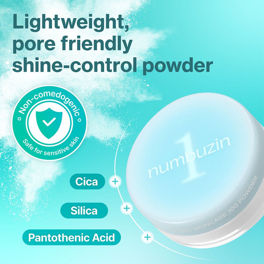 Pot de poudre 'numbuzin 1'. Sceaux 'Non-comedogenic' et 'Safe for sensitive skin'.