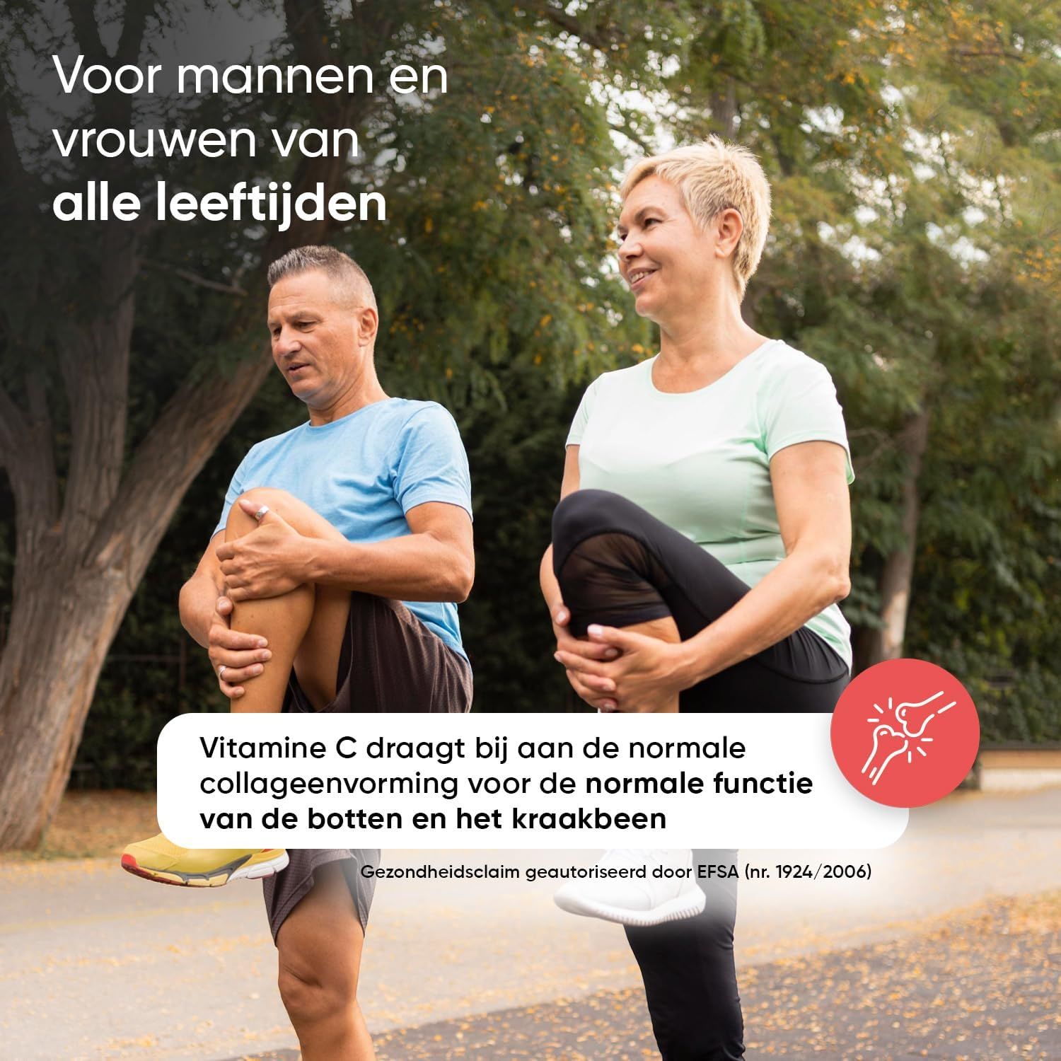 Man en vrouw rekken zich buiten uit. Tekst over vitamine C en botgezondheid.