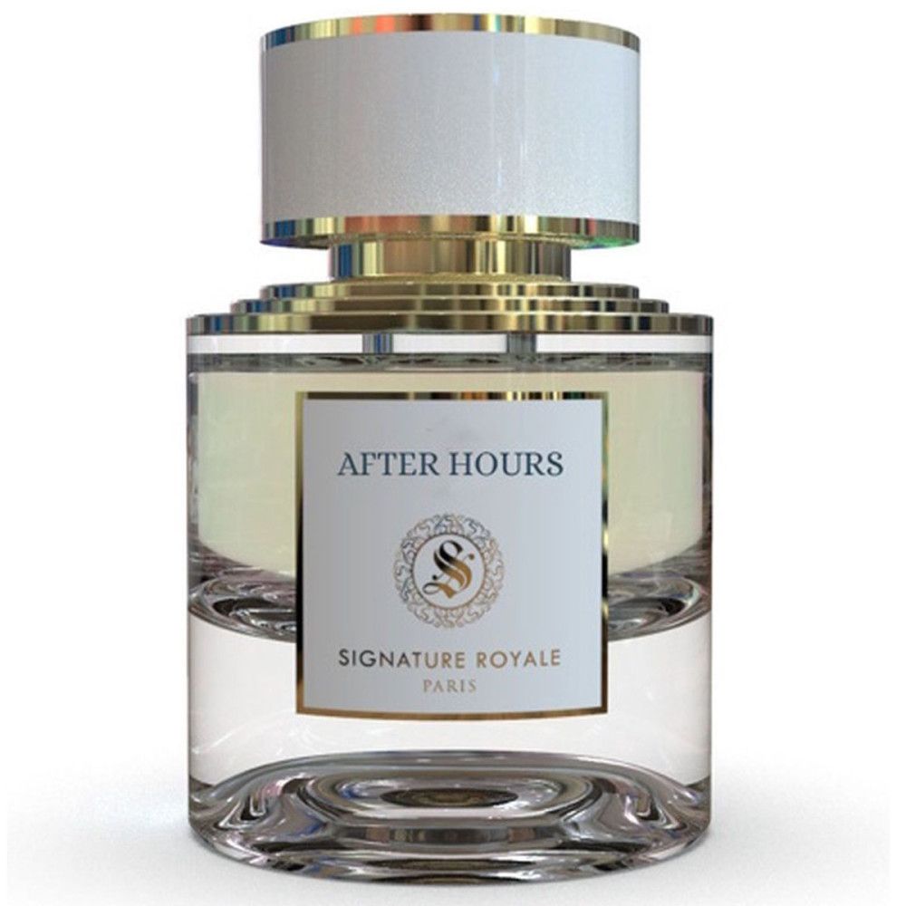 Flacon de parfum avec inscription "AFTER HOURS" et "Signature Royale Paris". Détails dorés. Flacon en verre transparent.