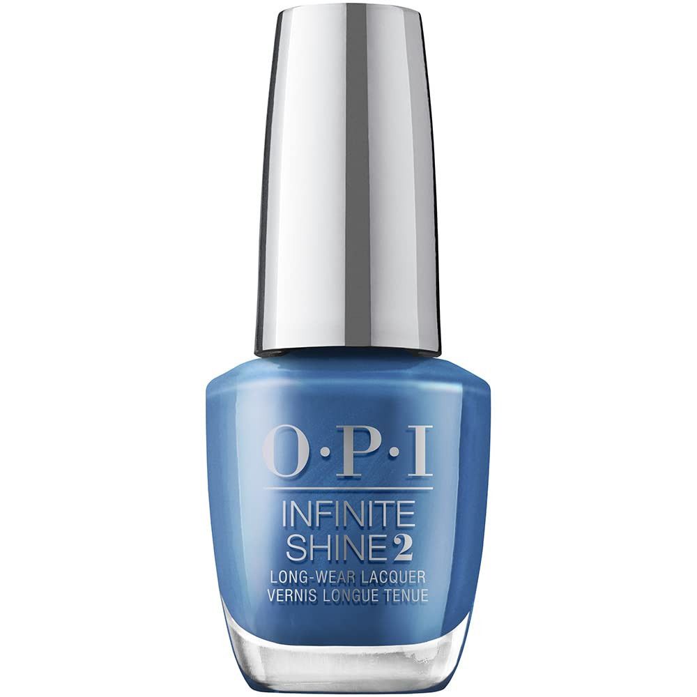 Flacon de vernis à ongles OPI Infinite Shine 2. Bleu, bouchon argenté, nom du produit.