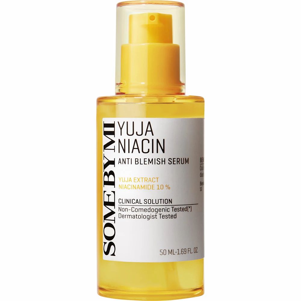 Gele serumfles. Opschrift: Yuja Niacin Anti Blemish Serum. Met doseerpomp.