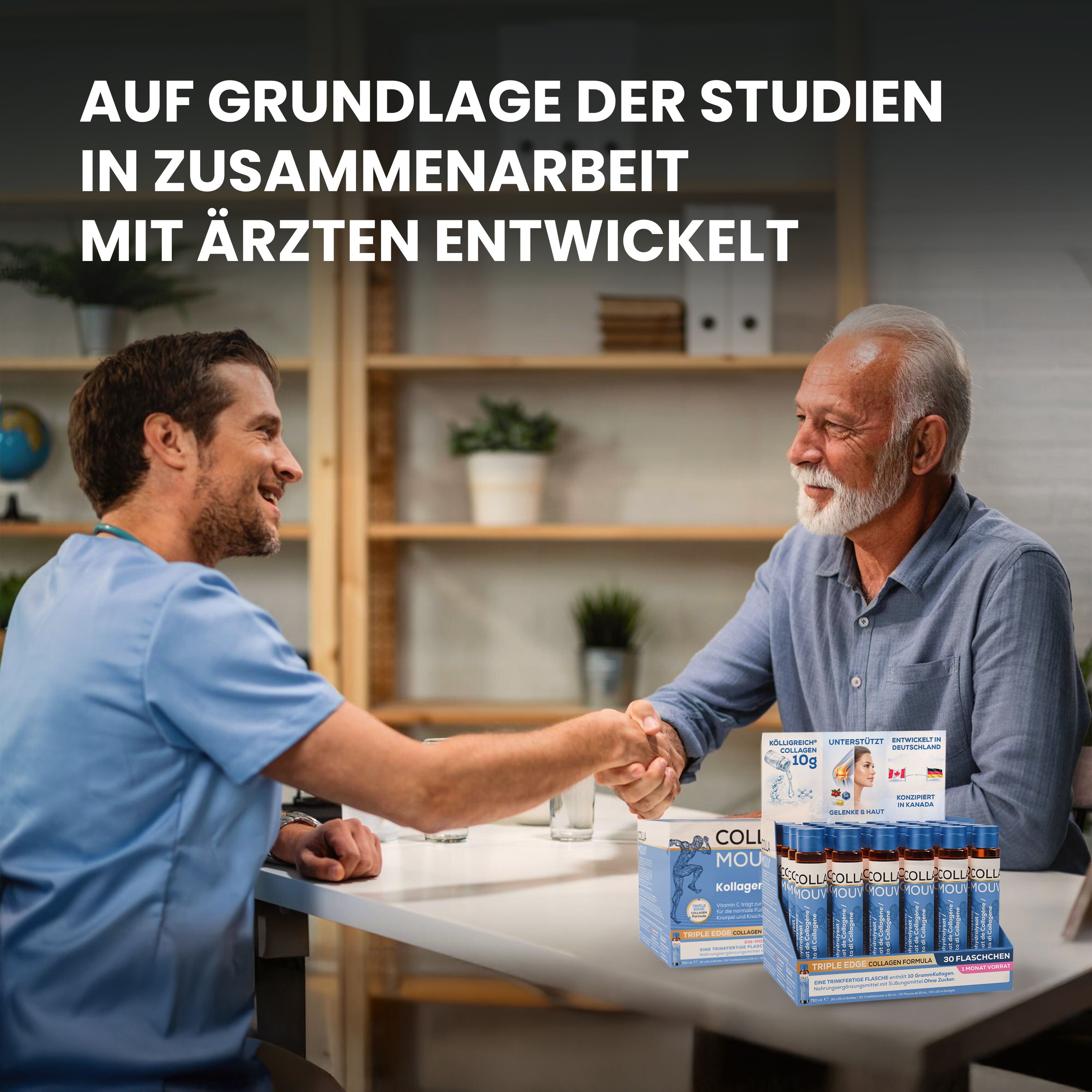 Arts en patiënt schudden handen, BHW Collamouv Collageen op tafel.