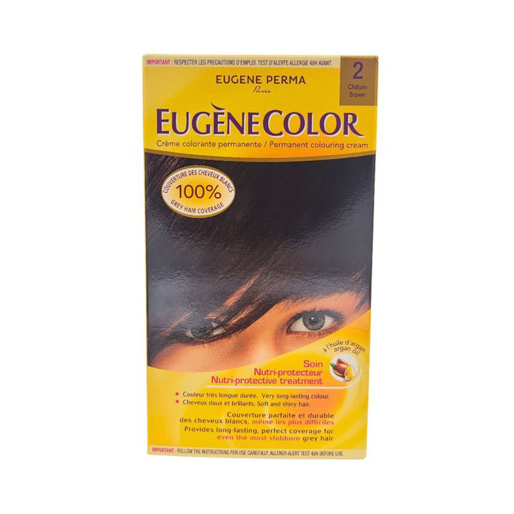 Boîte de coloration capillaire Eugène Perma Eugènecolor. Couverture 100% des cheveux blancs. Teinte 2 Châtain Brown.