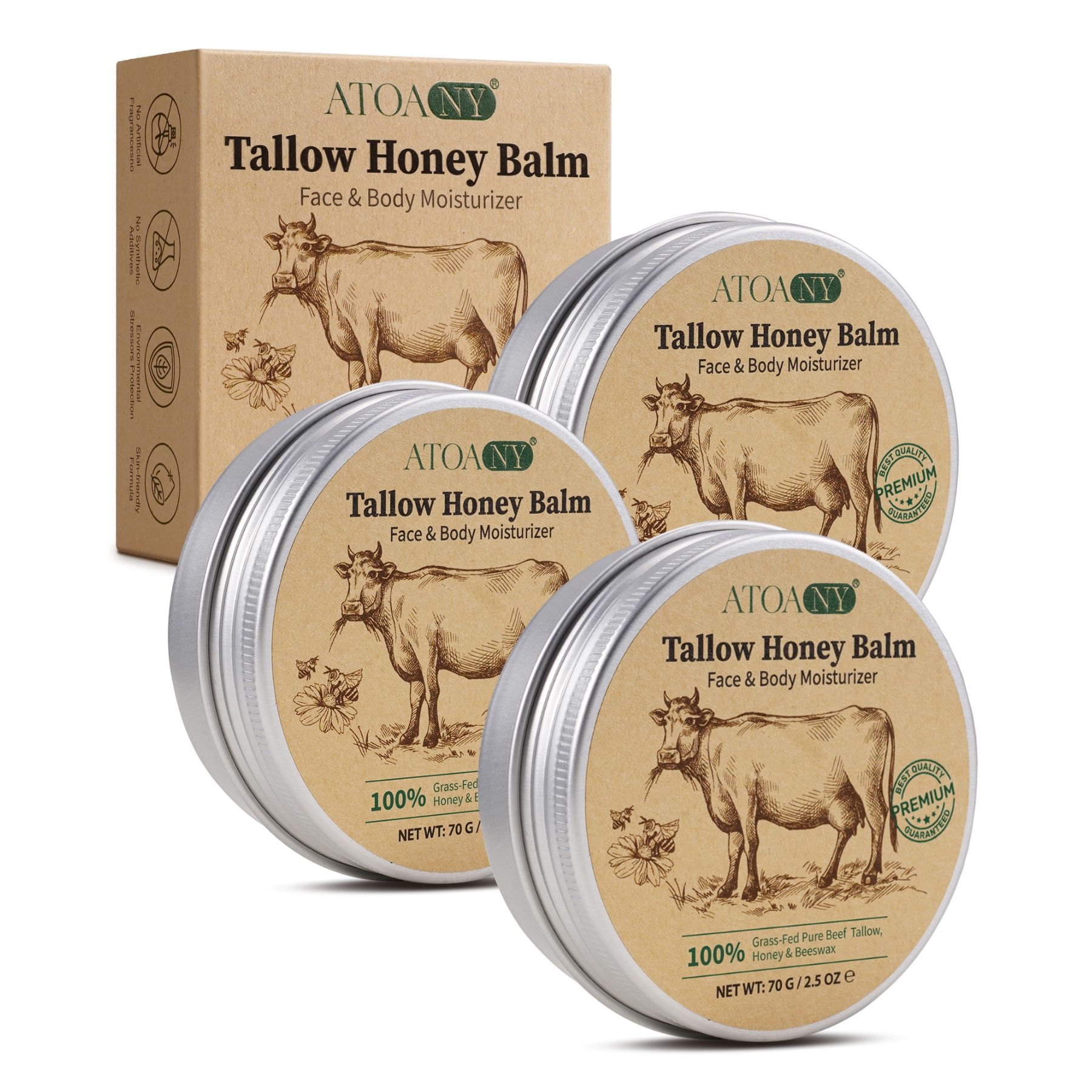 Trois boîtes rondes en métal et une boîte en carton de baume Tallow Honey pour le visage et le corps. Chaque boîte représente une vache et des fleurs.