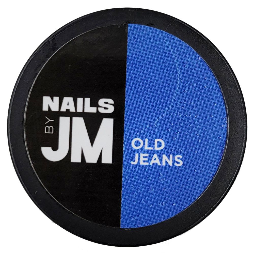 Contenant rond, divisé en noir et bleu. "NAILS BY JM" sur le noir. "OLD JEANS" sur le bleu.