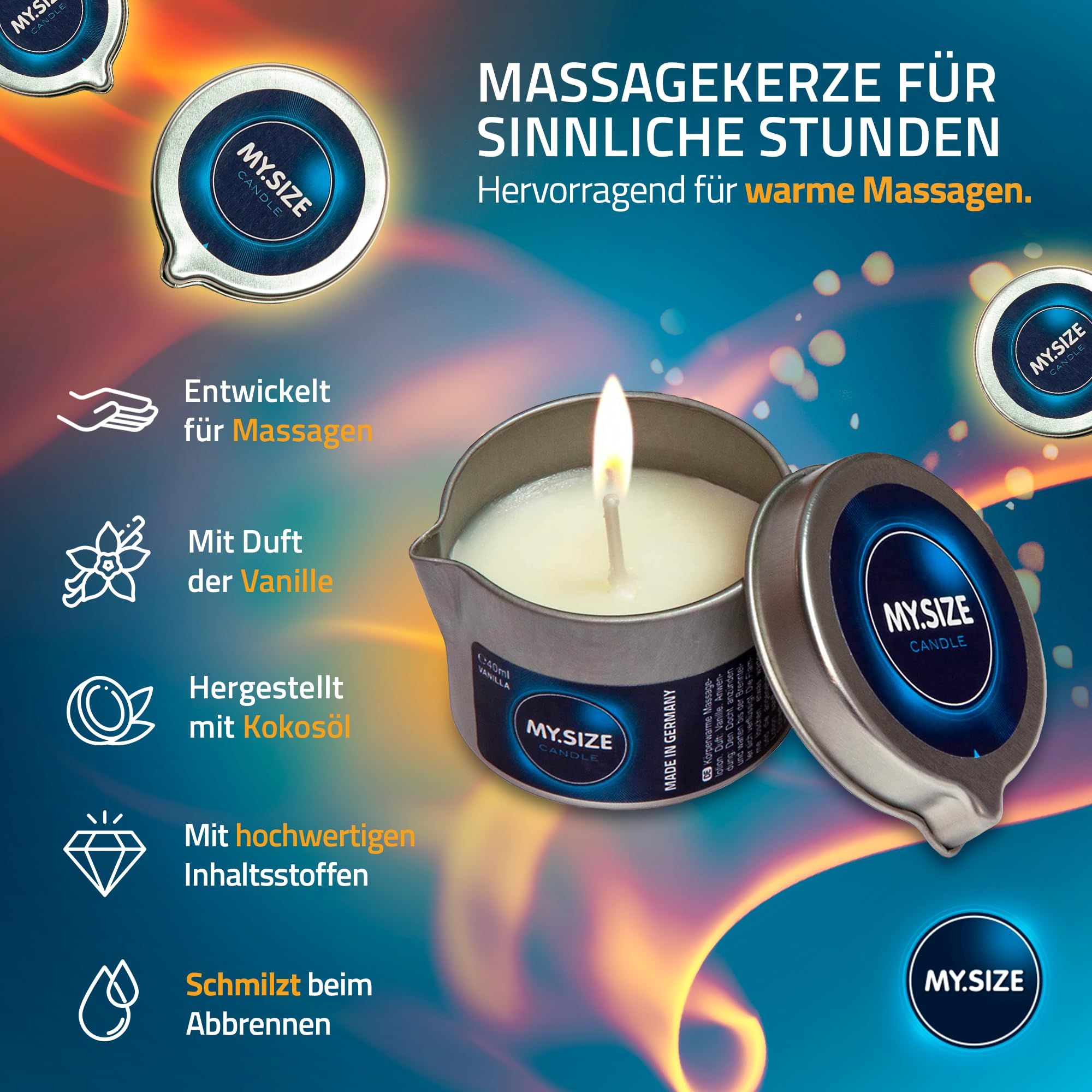 Bougie de massage parfum vanille, entourée de préservatifs et de flammes.