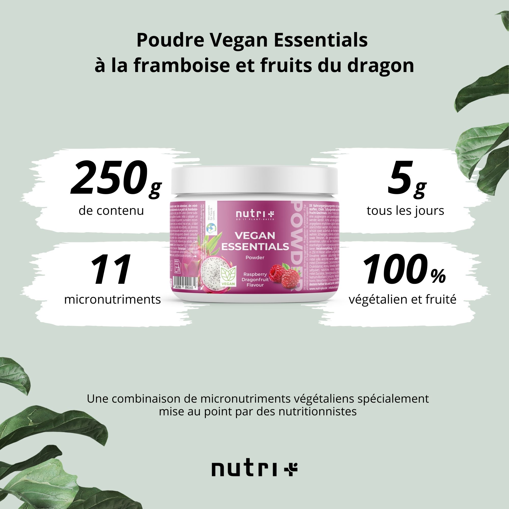 Poudre Nutri+ Vegan Essentials: 250g contenu, 5g par jour, 11 micronutriments, 100% vegan & fruité. Pot représenté.