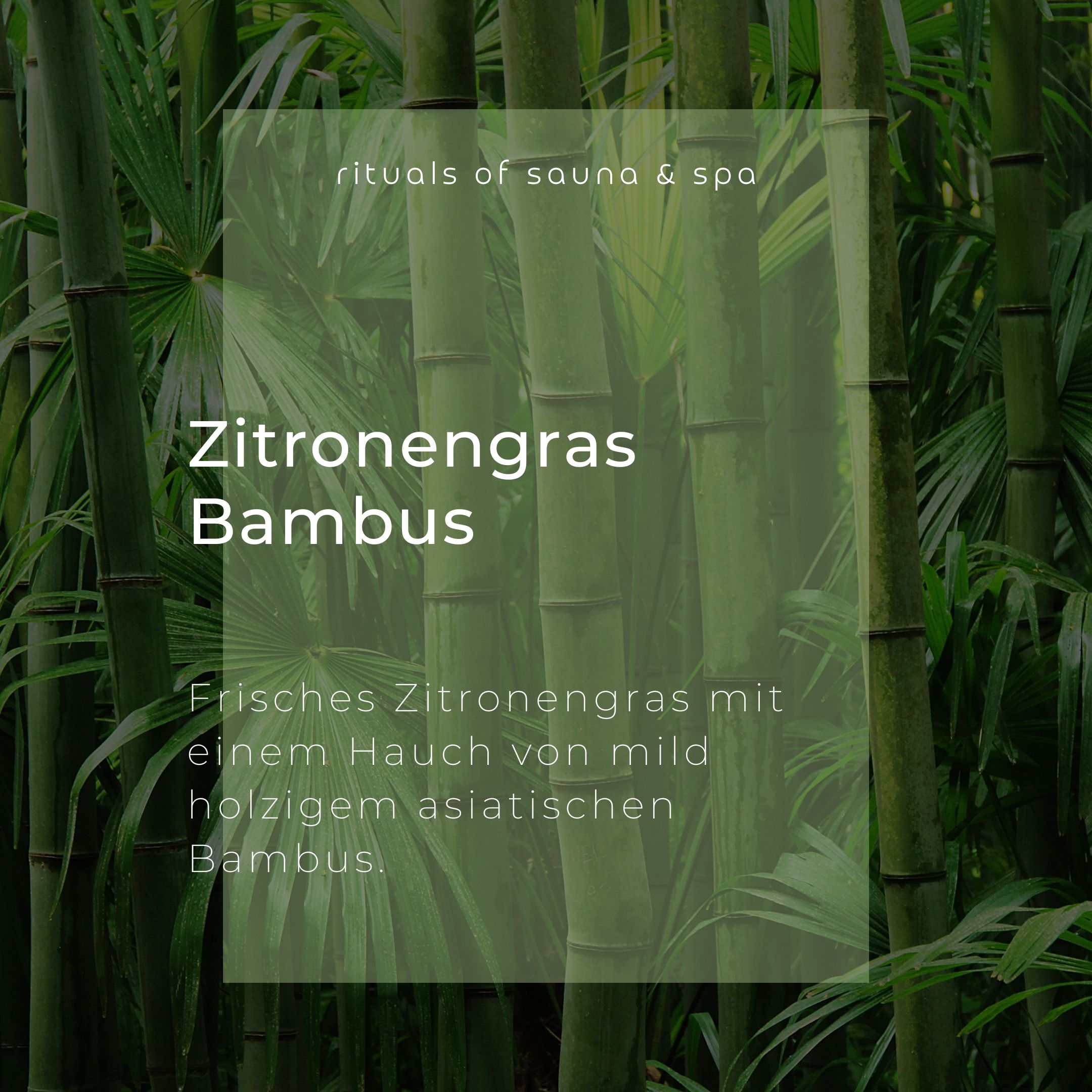 Tekst op groene achtergrond: Citroengras Bamboe. Verse citroengras met een vleugje mild houterige Aziatische bamboe.