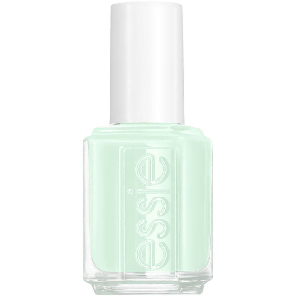 Essie nagellakfles. Mintgroene kleur, witte dop. Transparante fles, merklogo.