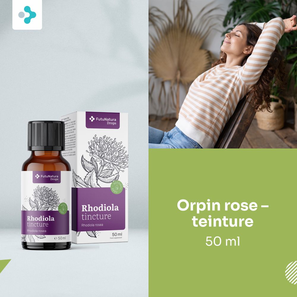 Bouteille et boîte de teinture de Rhodiola Rosea à côté d'une femme détendue.