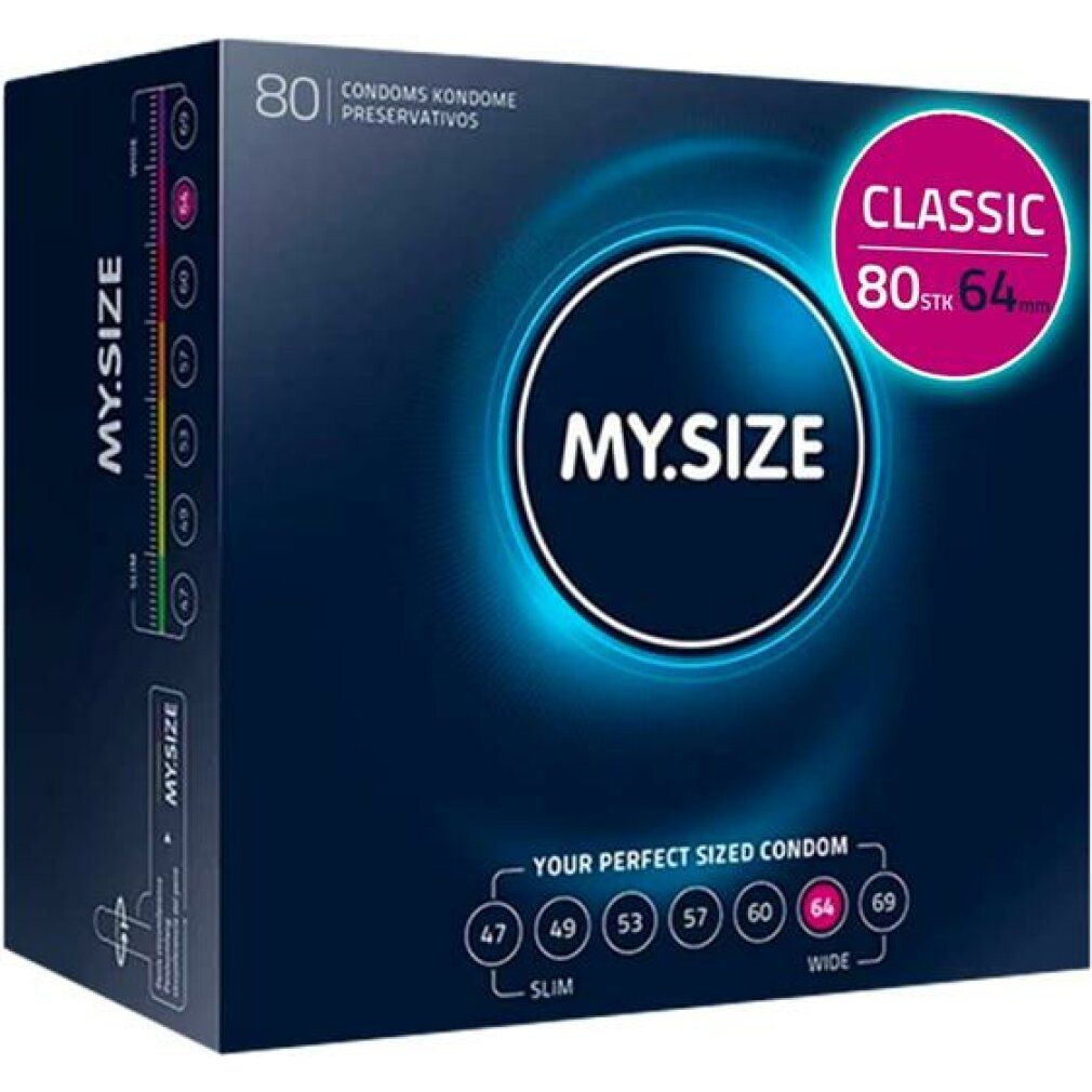 Donkerblauwe doos MY.SIZE, 80 condooms. Maat 64 uitgelicht.
