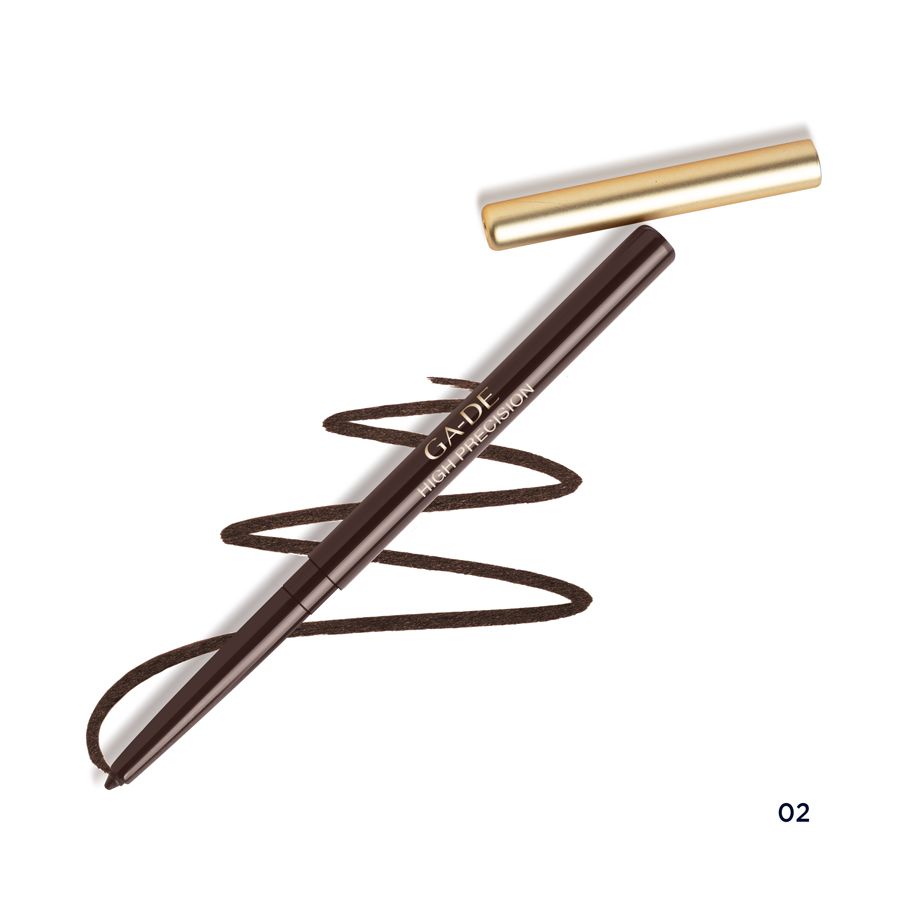 Eyeliner brun avec capuchon doré et trait. Inscription: GA-DE High Precision.