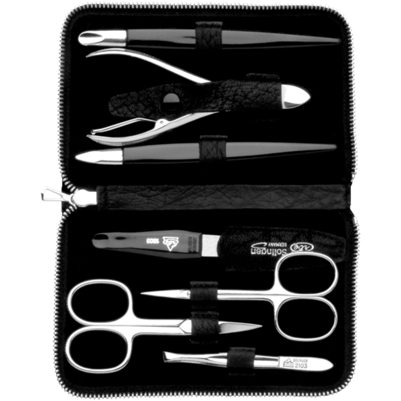 Étui de voyage noir contenant 7 instruments de manucure en métal, dont ciseaux, pince à épiler et coupe-ongles.