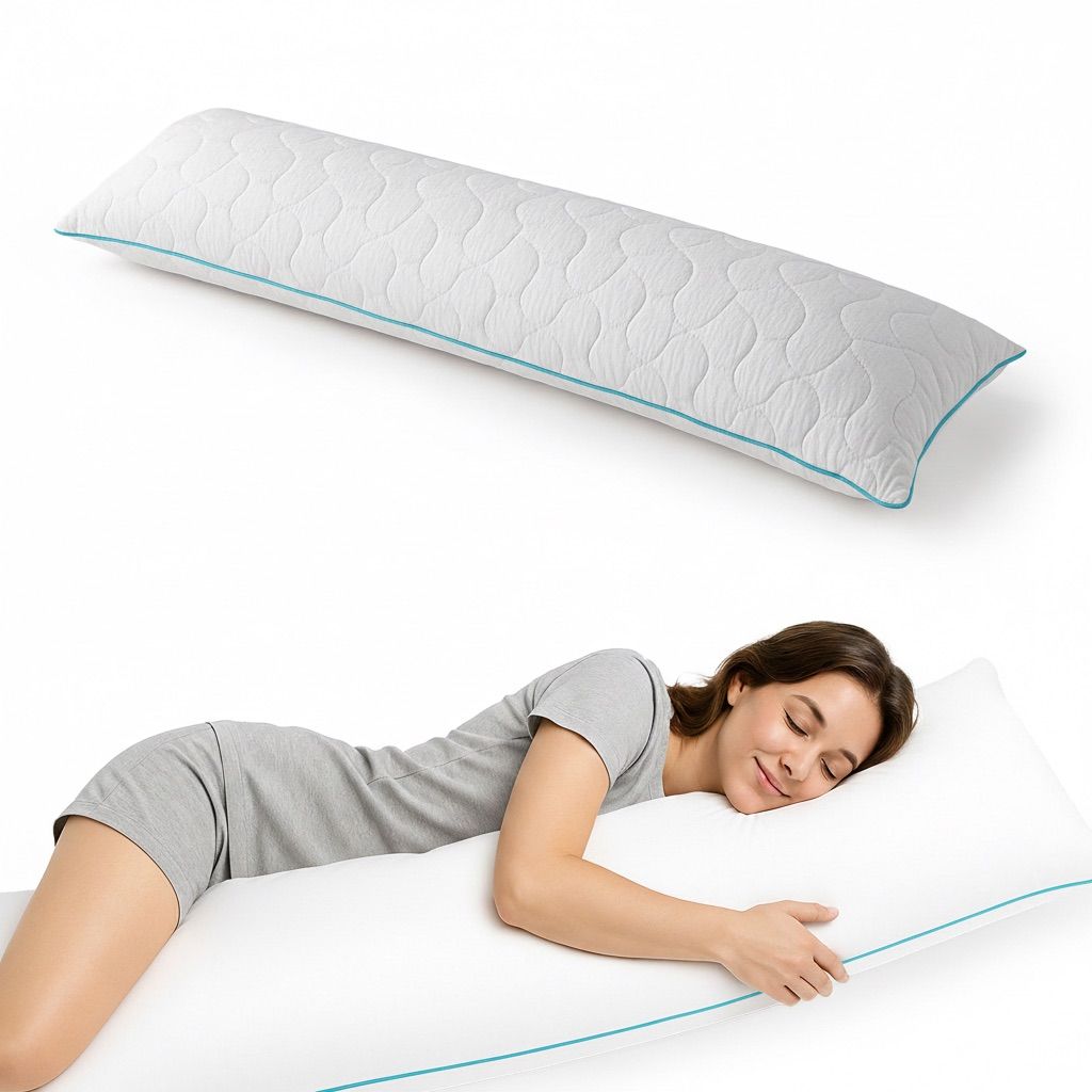 Lang, wit kussen met blauwe rand. Een vrouw ligt op het kussen. Ergonomisch zijslaperkussen.