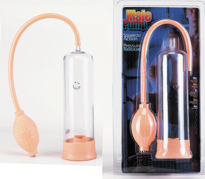 Een penis pomp set met transparante cilinder, roze handpomp en slang.