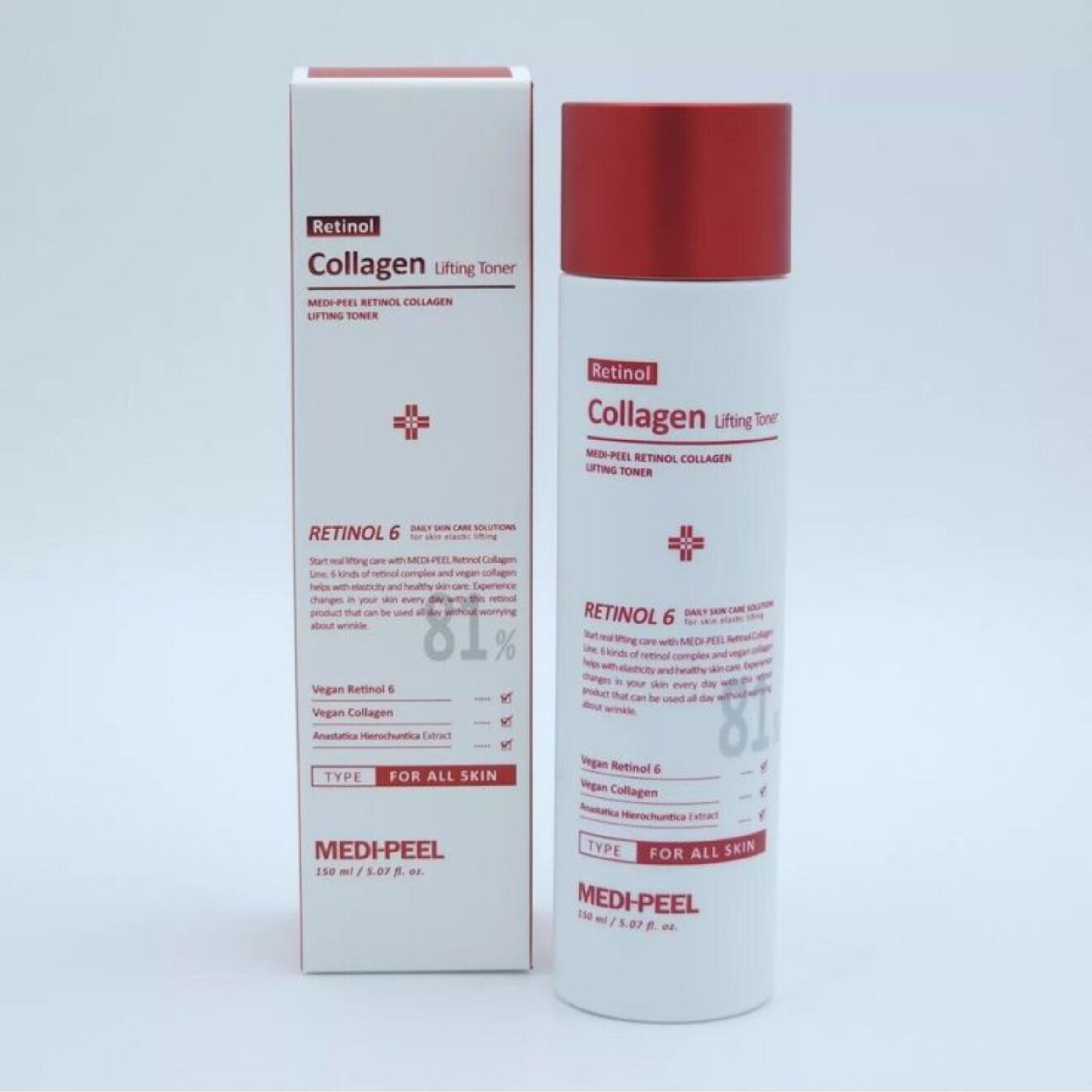 Product en verpakking. Witte fles en doos. Opschrift: Retinol Collagen Lifting Toner. Merk: MEDI-PEEL. Tekst en logo.