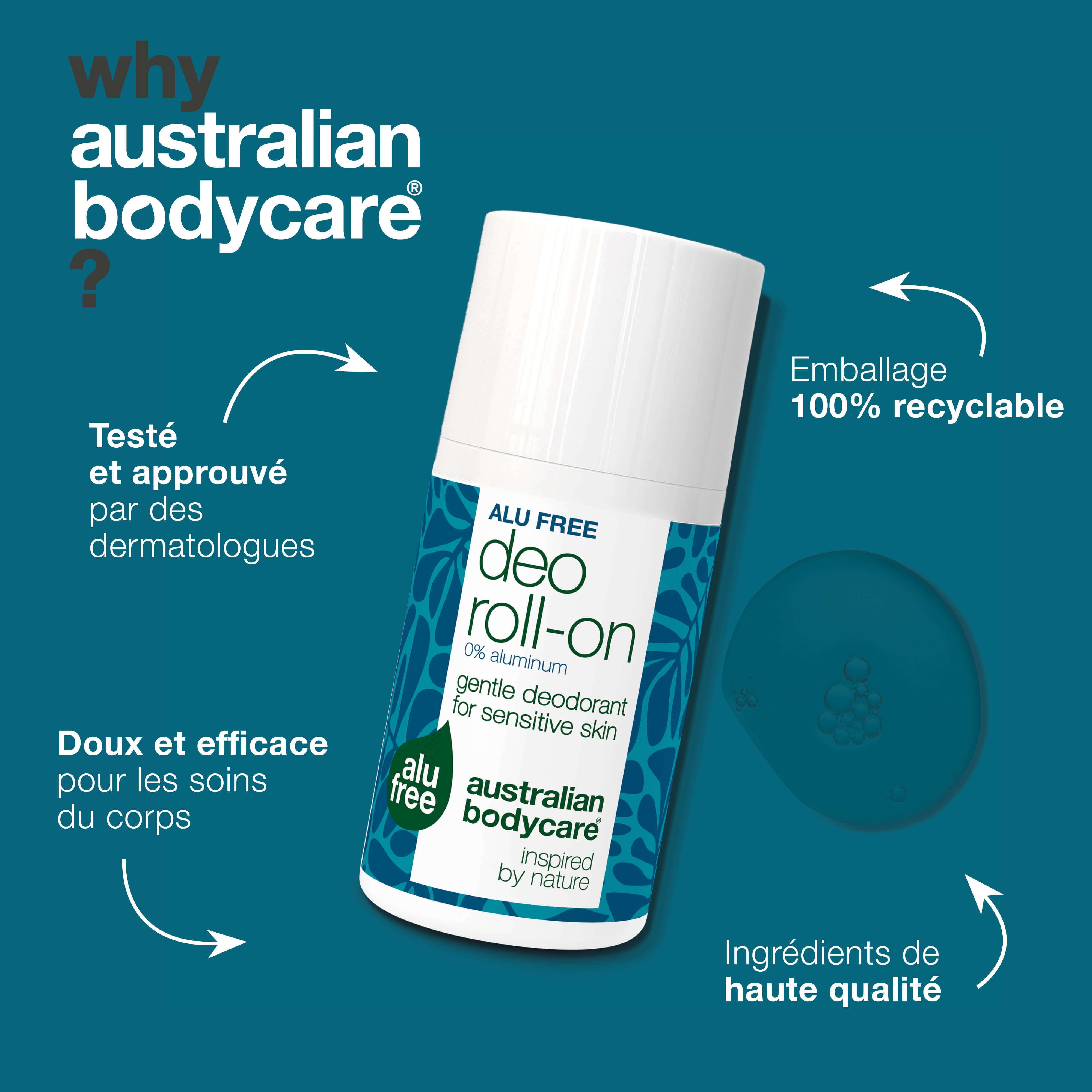 Roll-on déodorant, texte : Testé dermatologiquement, doux et efficace, ingrédients de qualité, emballage 100% recyclable.
