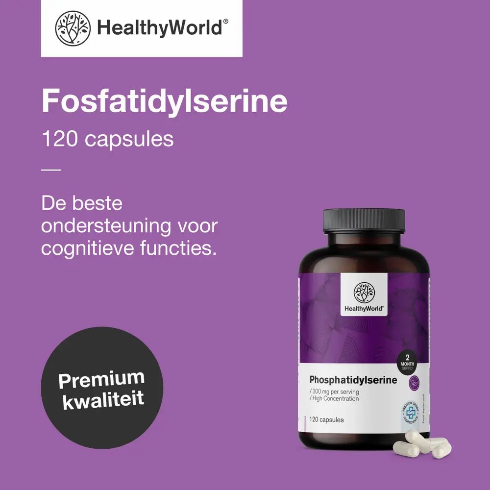 Fles fosfatidylserine, 120 capsules. "Beste kwaliteit"-zegel. "Ontdek de voordelen".
