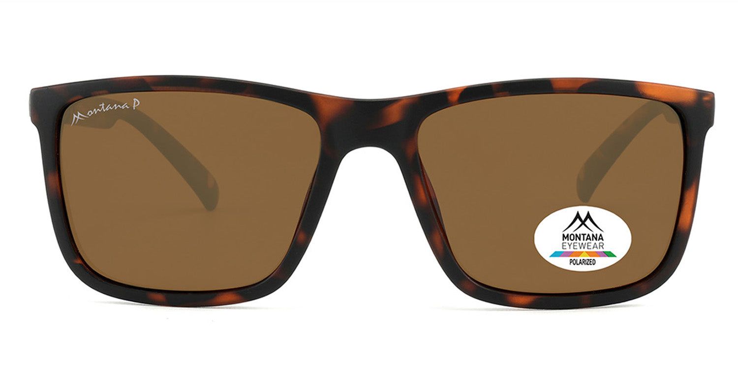 Lunettes de soleil avec verres bruns et monture marron. Un autocollant avec logo et "Polarized" est visible sur un verre.