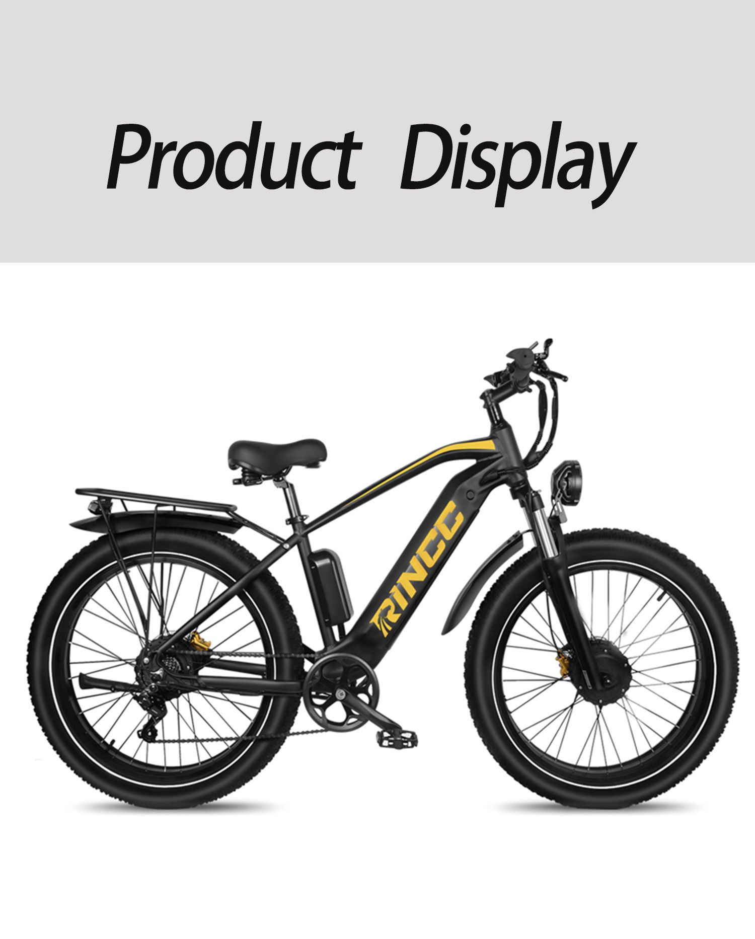 VTT électrique noir Rincc RN70. Logo Rincc jaune. Porte-bagages, phare et batterie.