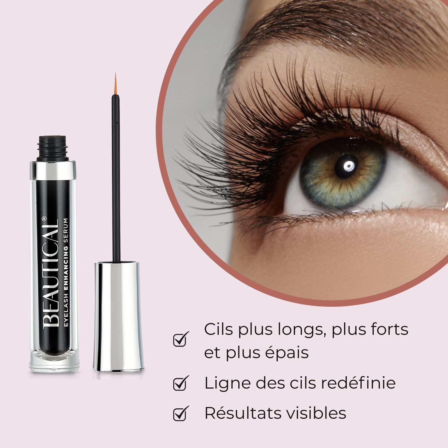 BEAUTICAL Sérum pour cils. Flacon, applicateur et résultats : cils plus longs.