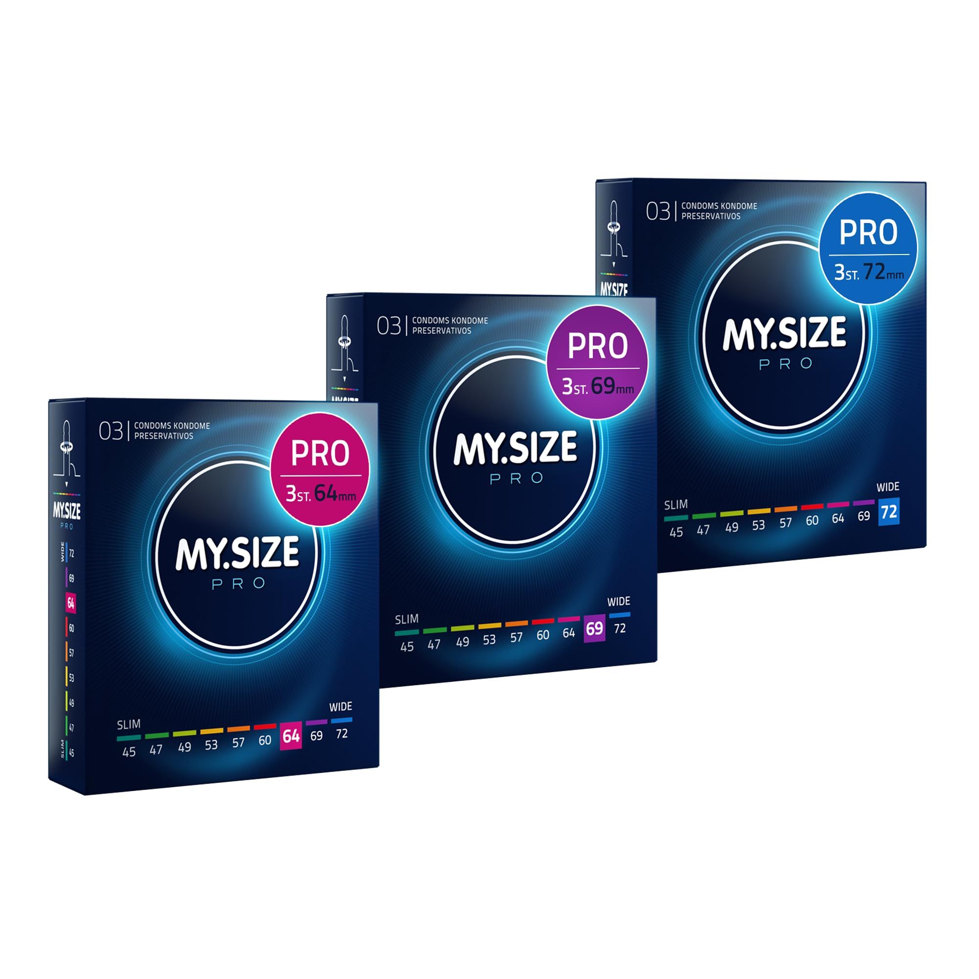 Productafbeelding met drie dozen My.Size PRO condooms, maten 64mm, 69mm en 72mm.