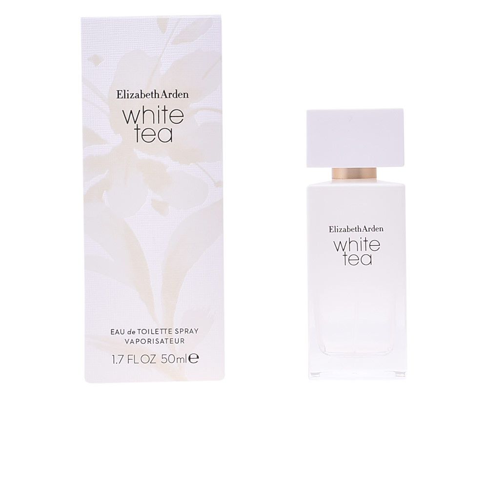 Parfumfles en doos. Opschrift: Elizabeth Arden White Tea. 1.7 FL.OZ 50ml e.