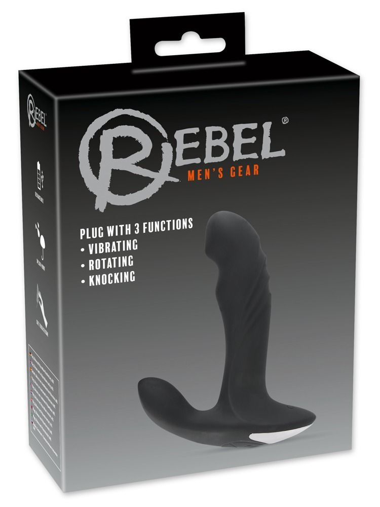 Emballage pour REBEL Plug avec 3 fonctions : Vibrating, Rotating, Knocking. Plug noir représenté.