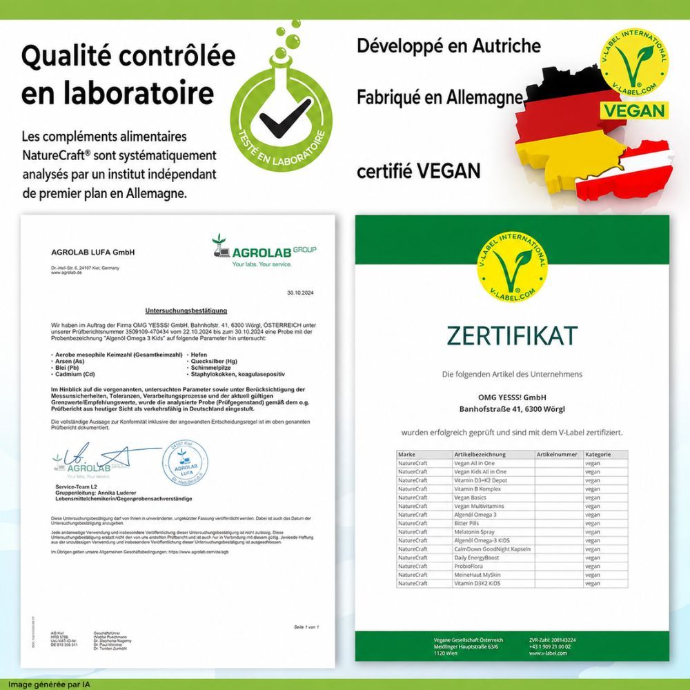 Bouteille et boîte d'huile d'algues oméga-3 pour enfants. Avec fruits et motifs marins. Contient des informations nutritionnelles.