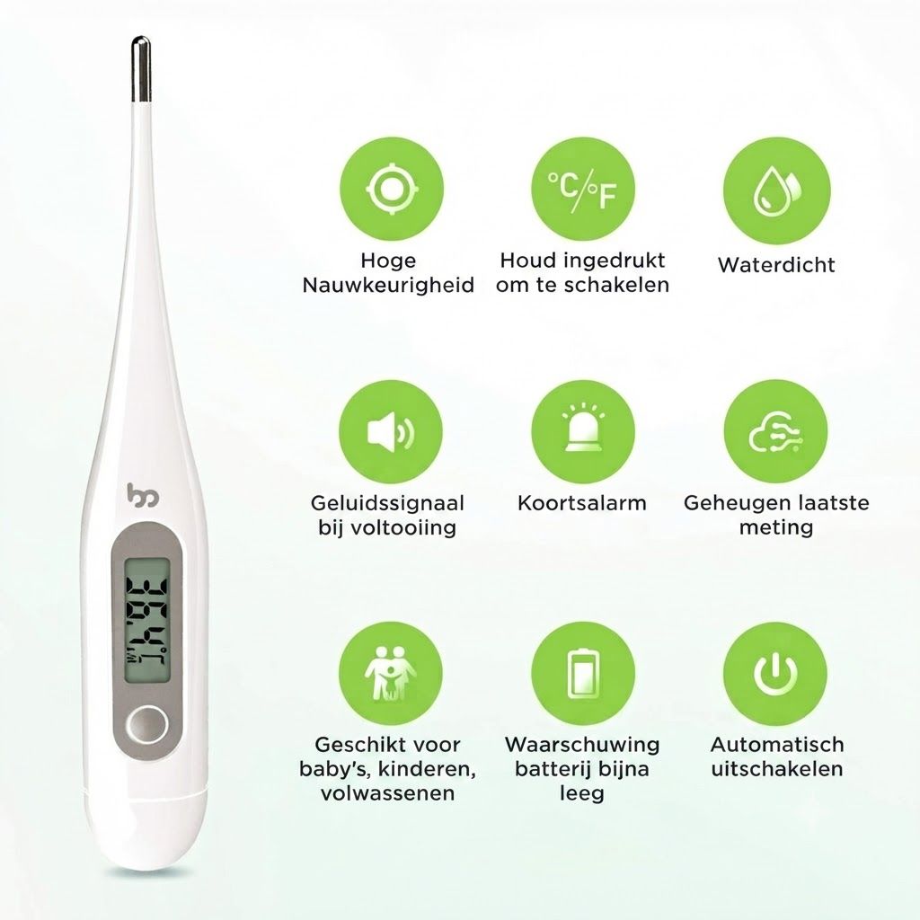 Digitale thermometer met LCD-scherm, meting in °C/°F, waterdicht, met geluid, koortsalarm en geheugen.