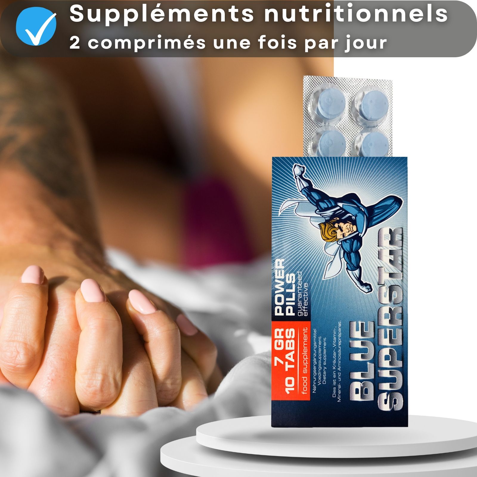 Emballage du produit et blister de comprimés. Texte: BLUE SUPERSTAR, 10 comprimés, 7 GR Power Pills.