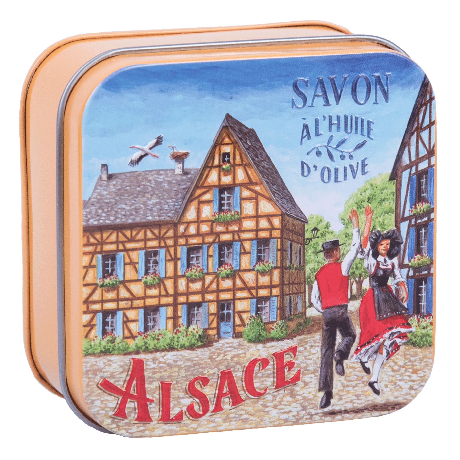 Vierkante metalen doos met afbeelding van een dorp. Opschrift: "Alsace".