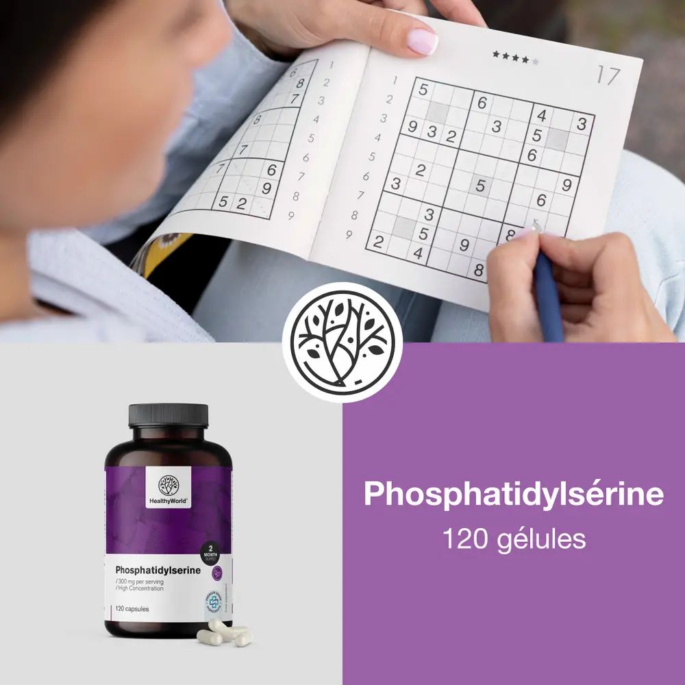 Collage : Femme résolvant un Sudoku, à côté une boîte de phosphatidylsérine et une bouteille de 120 gélules.