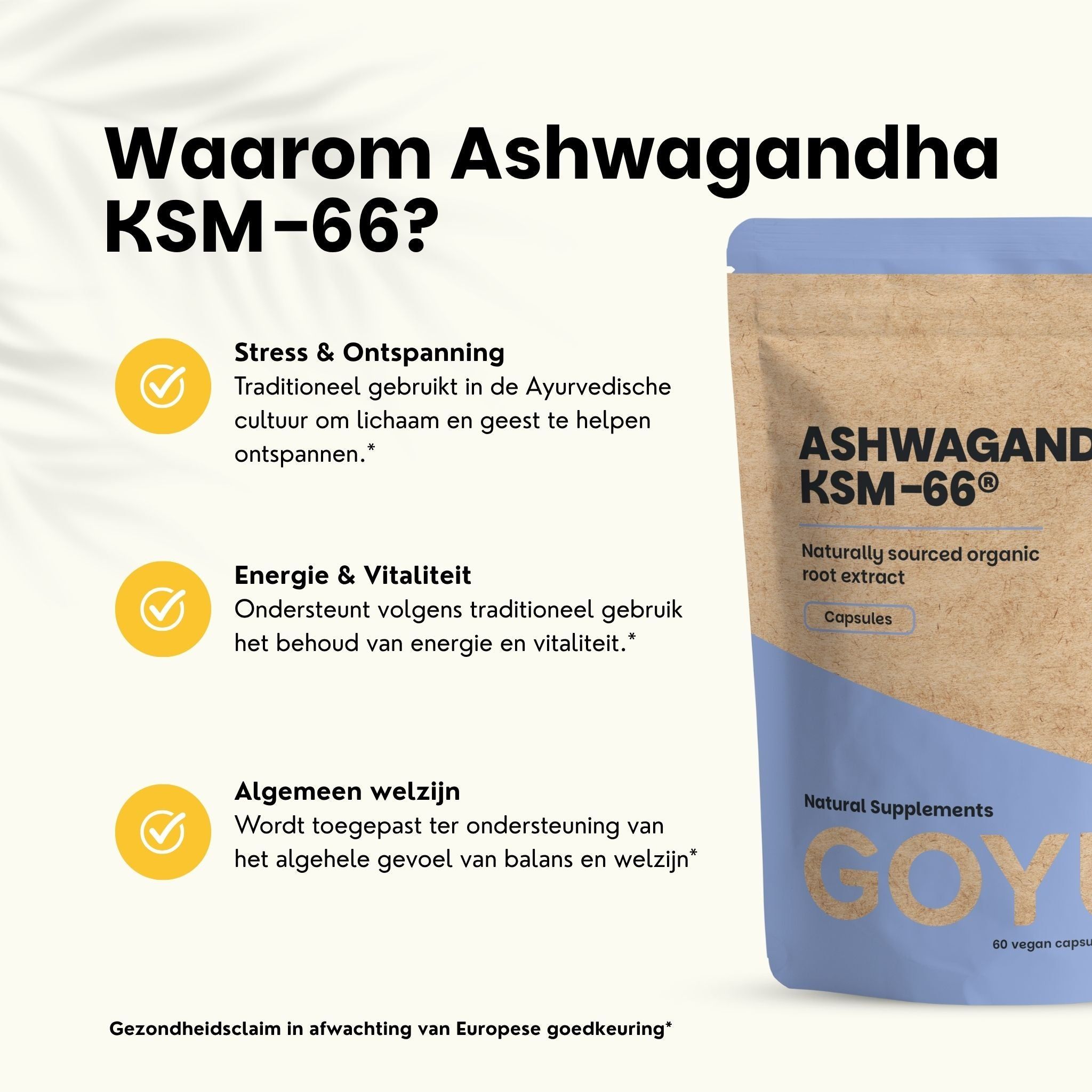 Bruine pouch met Ashwagandha KSM-66 capsules, 500 mg, biologisch extract, naast groene bladeren.