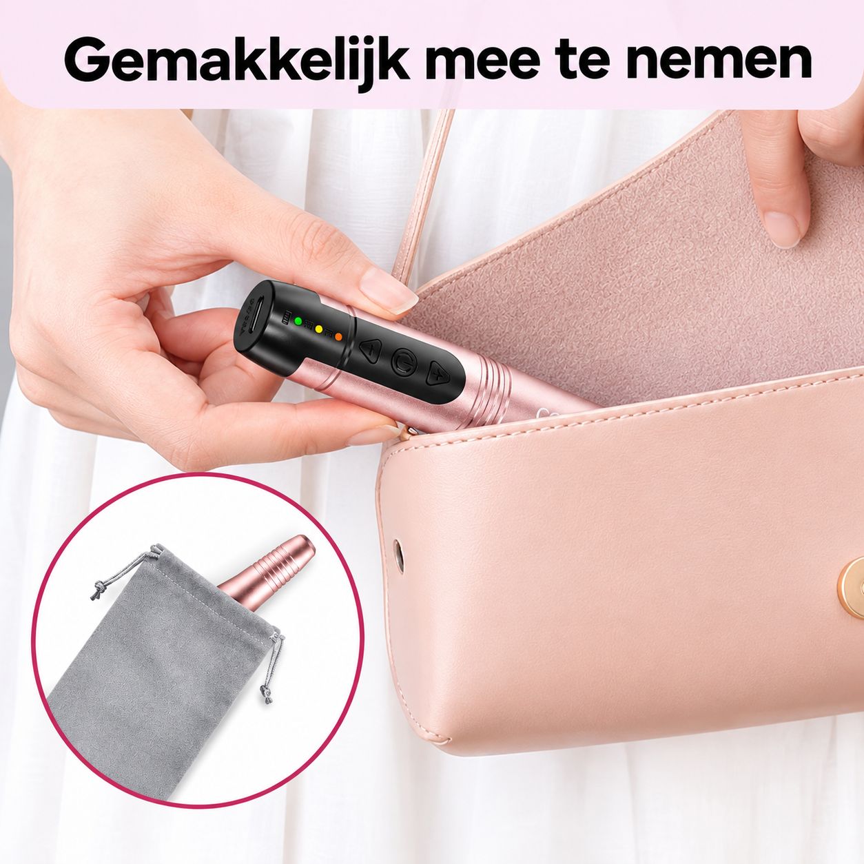 Roze nagelvijl met bedieningselementen en laadindicator, wordt in een roze tas gestopt.
