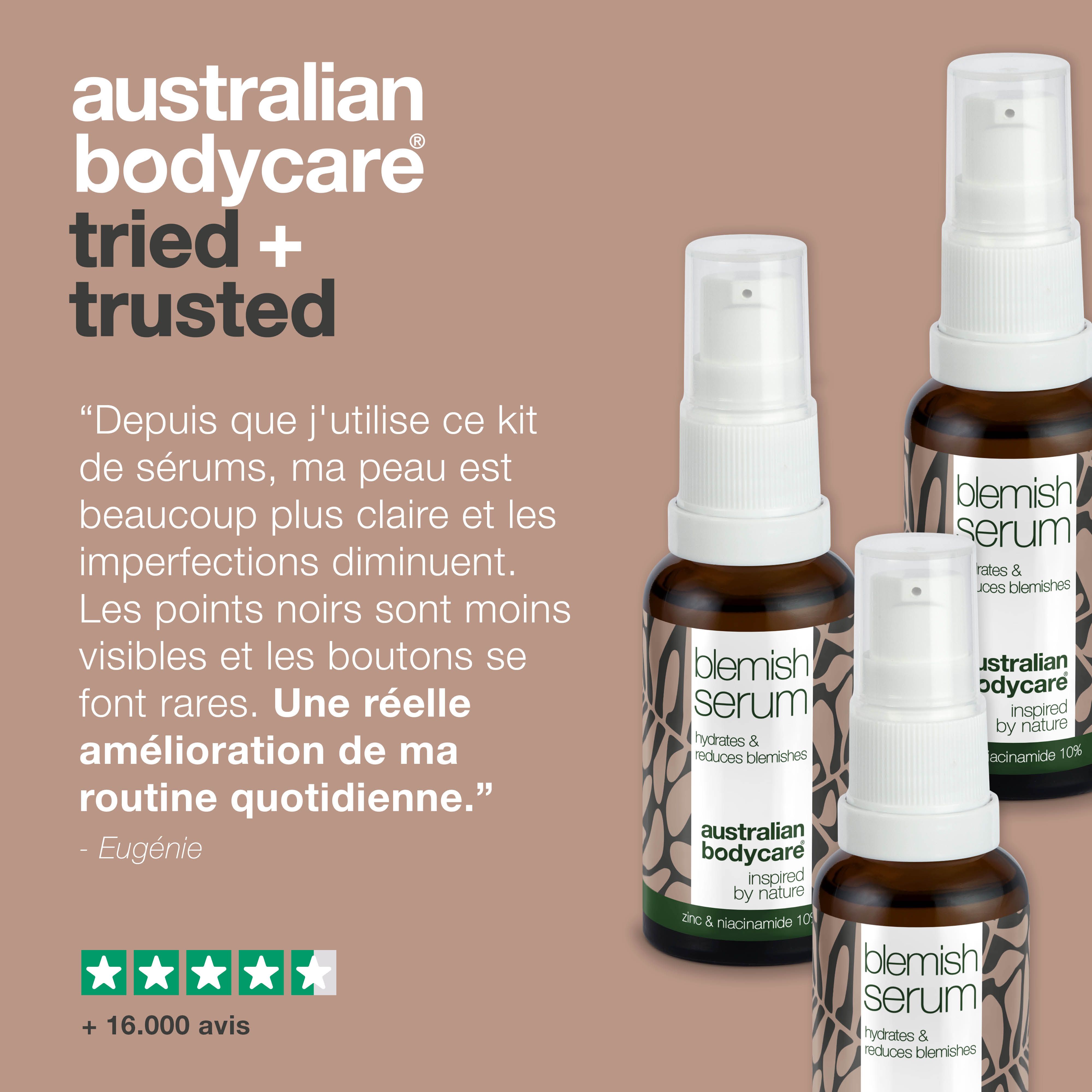 Trois flacons de sérum. Texte : Australian Bodycare tried + trusted. Citation : J'utilise le Blemish Serum.