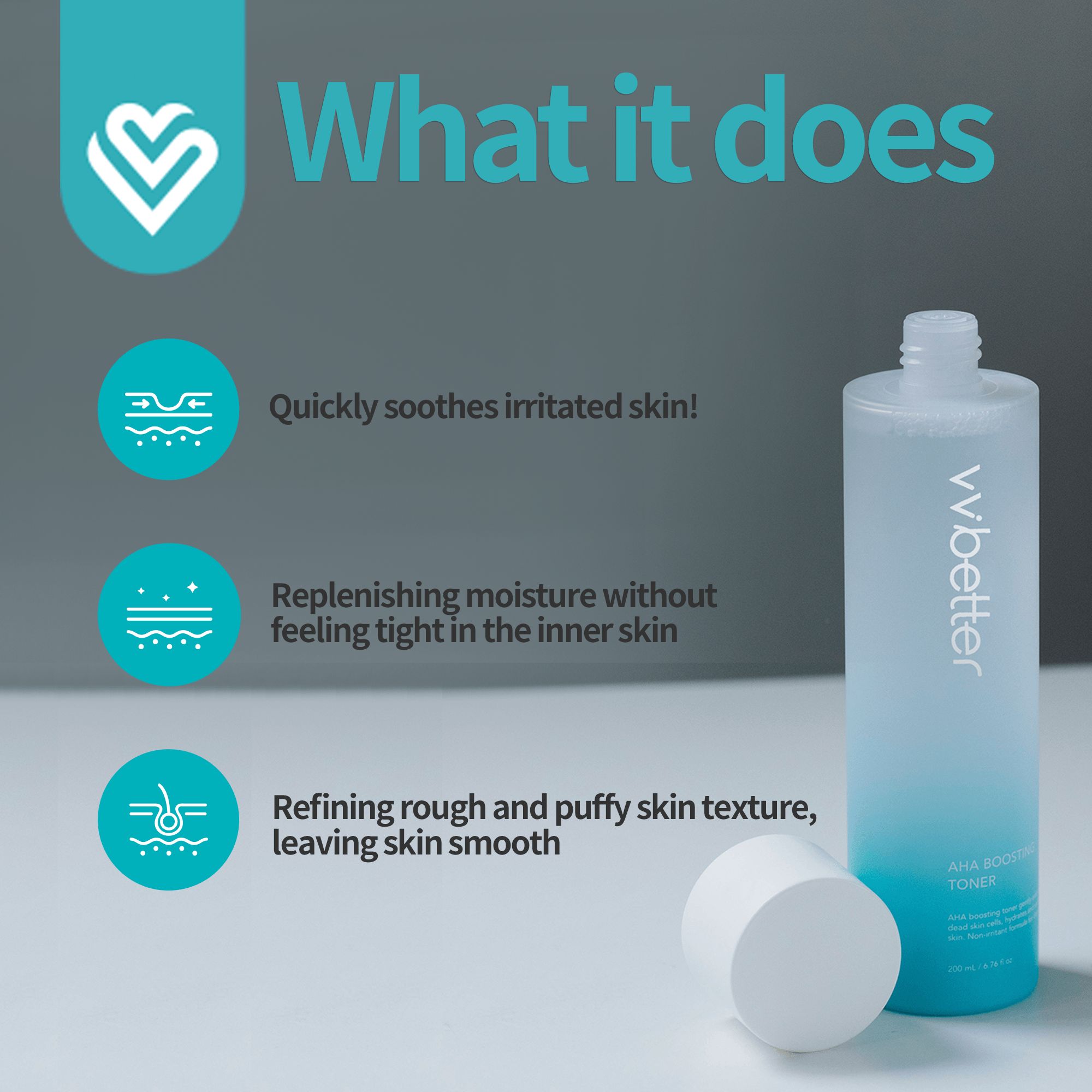 Fles en dop liggen. Tekst: "What it does" en voordelen. Logo met hart. Productnaam en merk zichtbaar.