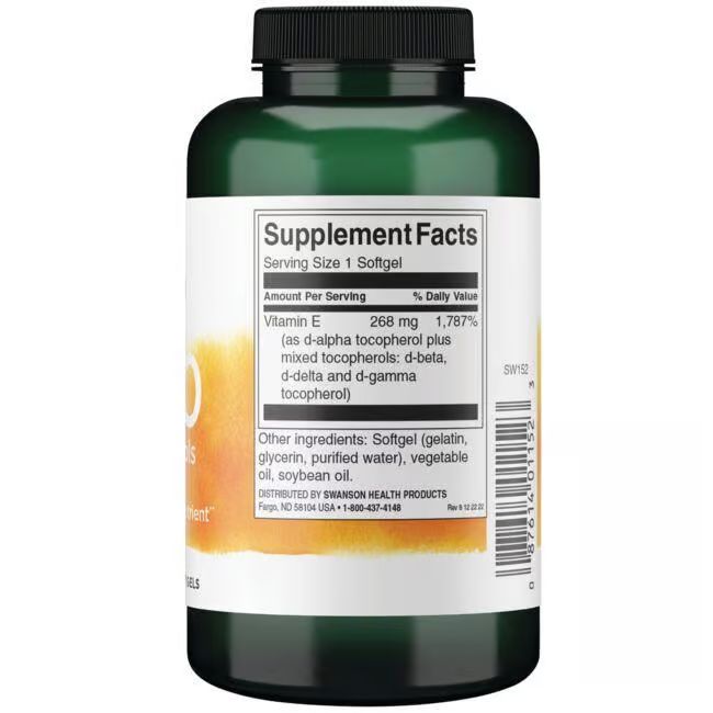 Achterkant van de groene fles. Bevat voedingsinformatie en ingrediëntenlijst. Softgels.