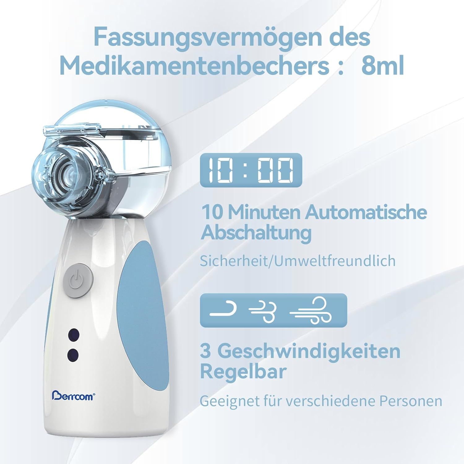Wit en blauw inhalatieapparaat met digitaal display. Tekst: 8ml capaciteit, 10 minuten uitschakeling, 3 snelheden.