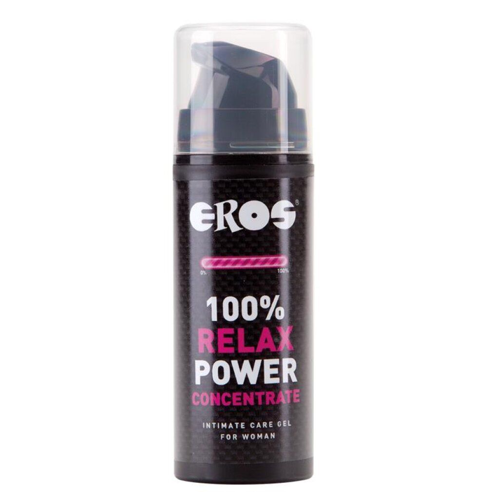 Concentré Eros Relax Power : flacon pompe, étiquette noire avec inscription rose.