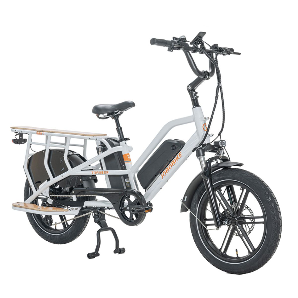 JOBOBIKE Transer Cargo Bike elettrica met wit frame en houten elementen.