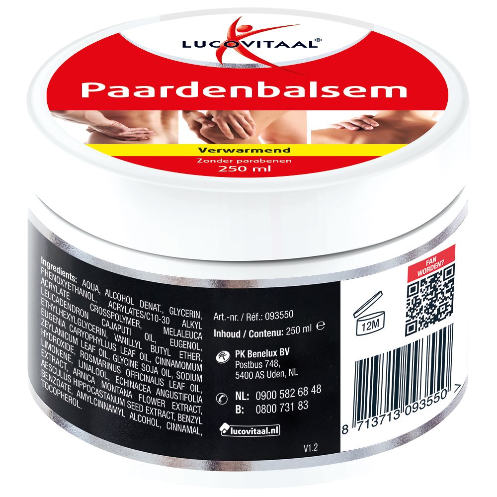 Pot de Paardenbalsem avec liste d'ingrédients et code QR. Fond noir, texte blanc. Couvercle rouge avec illustration. 250 ml.