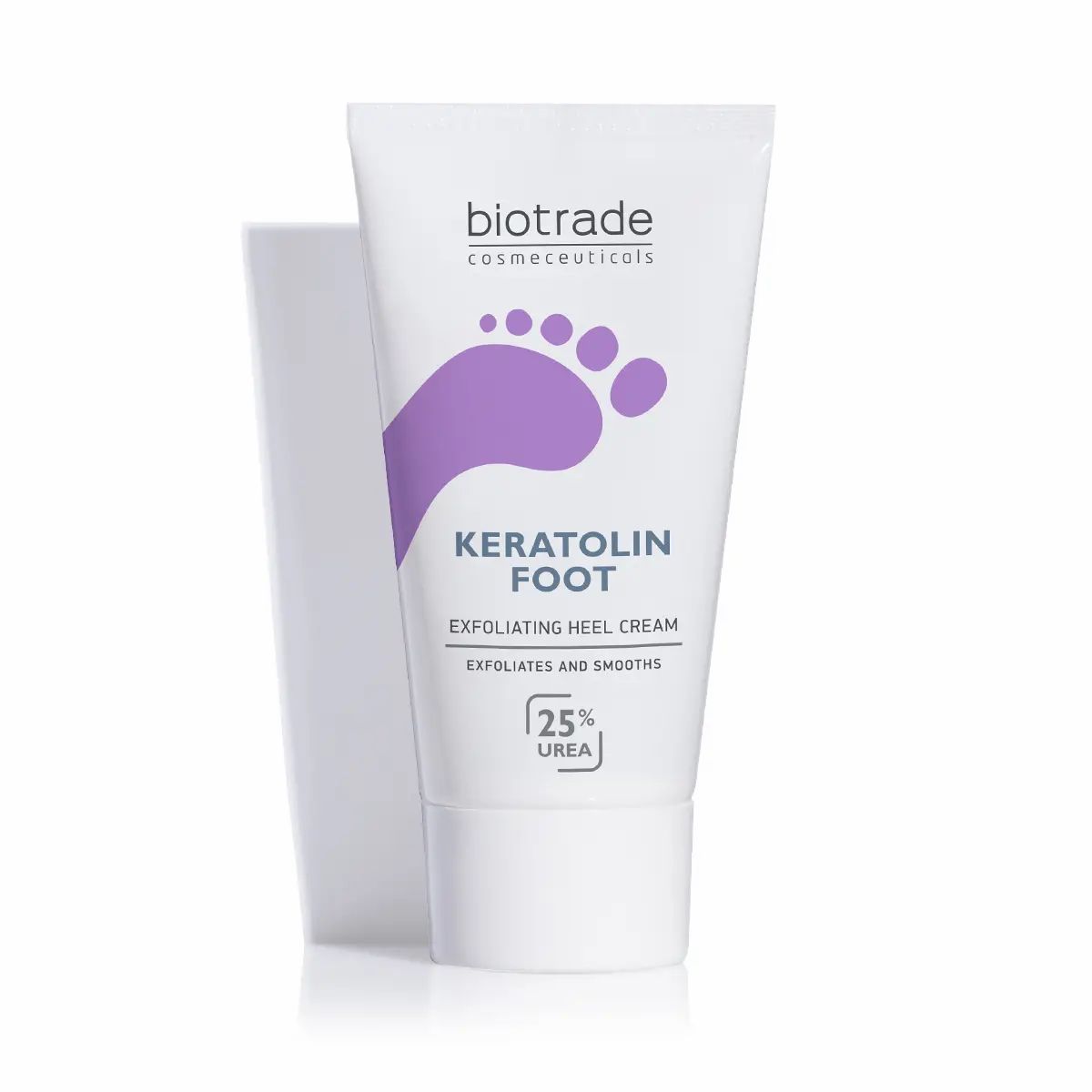 Tube blanche avec empreinte de pied violette. Texte: Biotrade, Keratolin Foot, 25% Urée. Exfoliating Heel Cream.