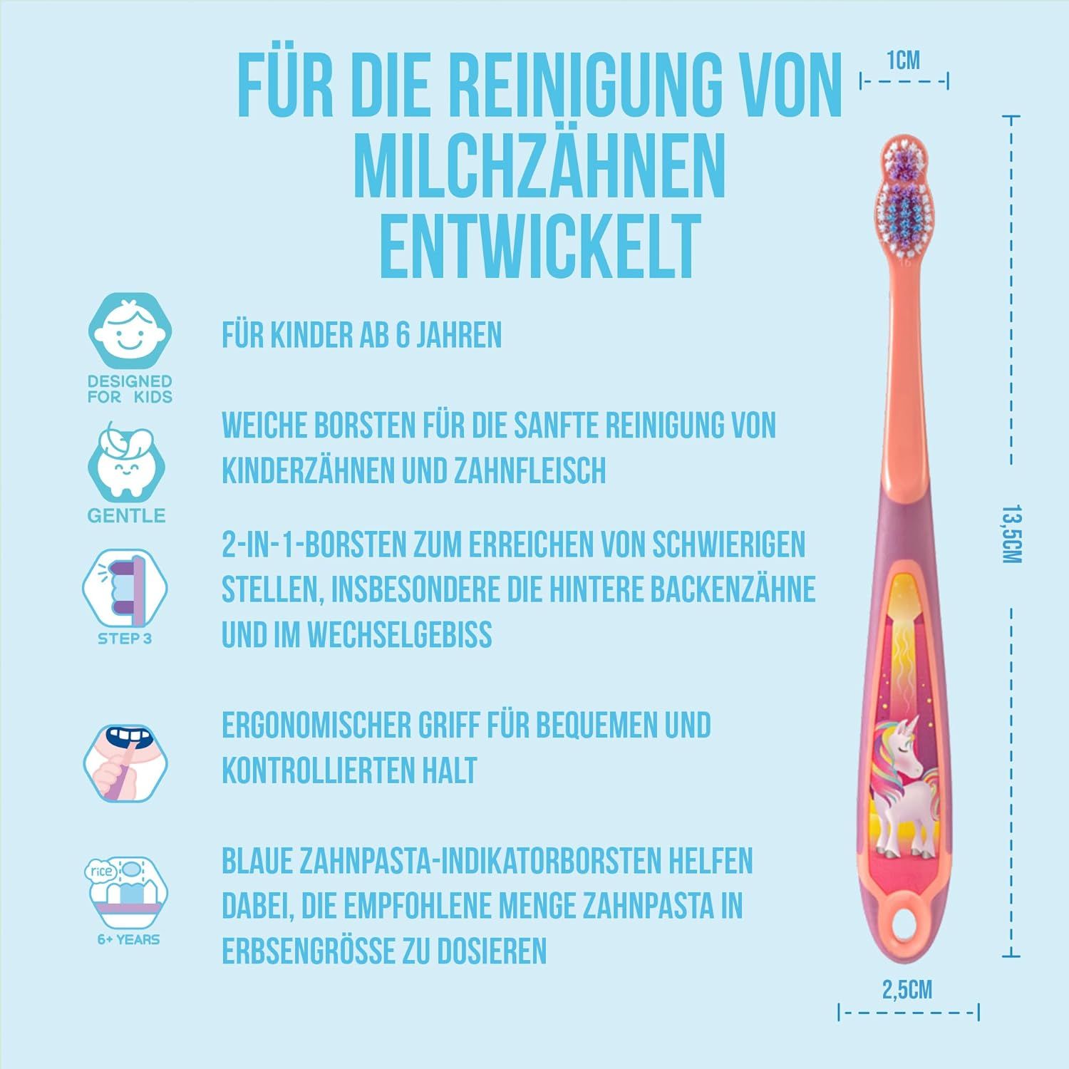 Brosse à dents pour enfants. Manche rose avec décor de licorne. Soies bleues. Dimensions : 13,5 cm x 2,5 cm x 1 cm.