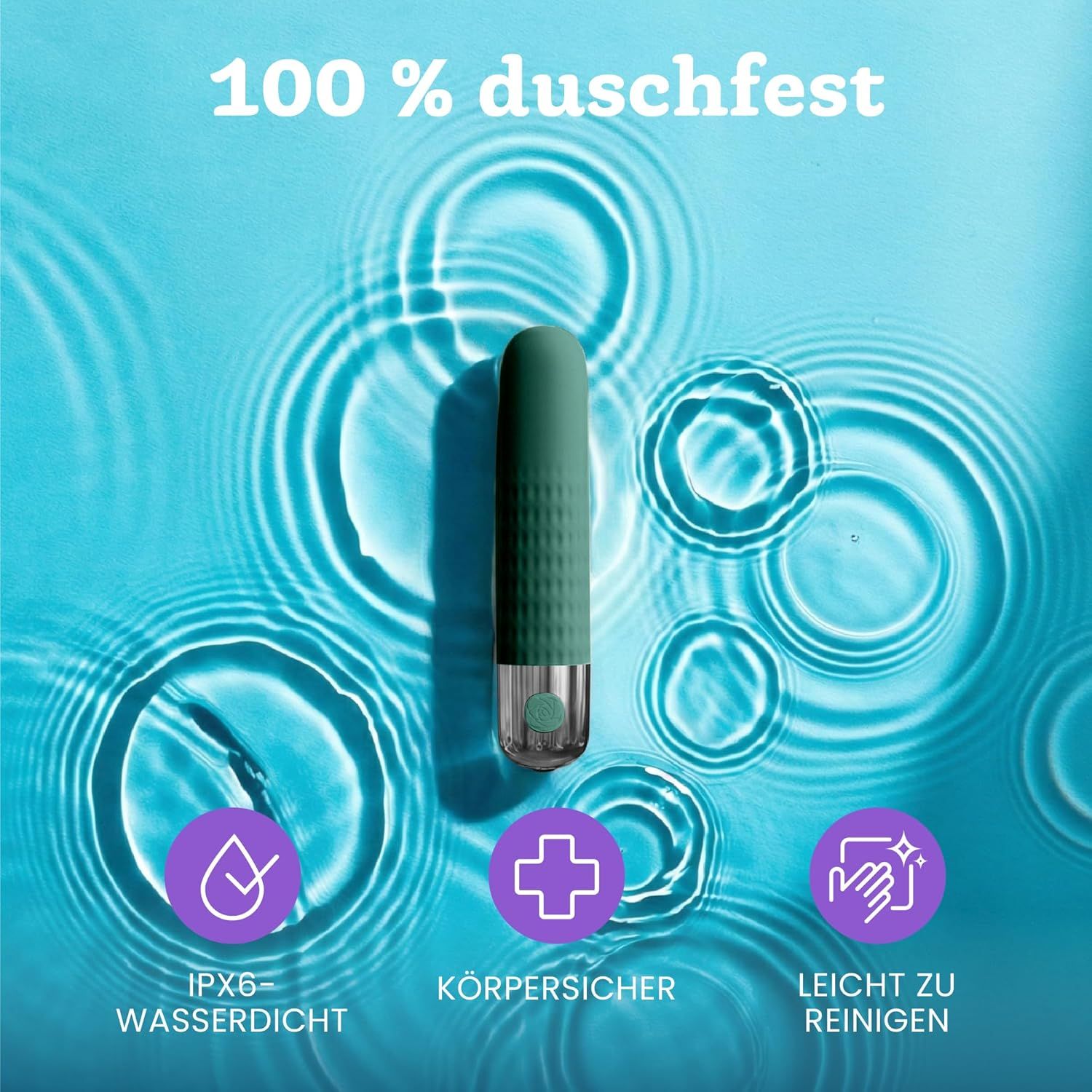 Vibrateur bullet vert sur fond bleu avec ondulations d'eau. Icônes pour étanche IPX6, hypoallergénique, facile à nettoyer.