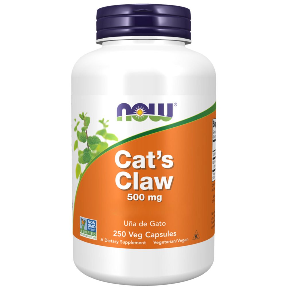 Flacon blanc, bouchon bleu. Inscription Cat's Claw 500 mg. Étiquette avec logo et feuilles vertes. 250 Veg Capsules.
