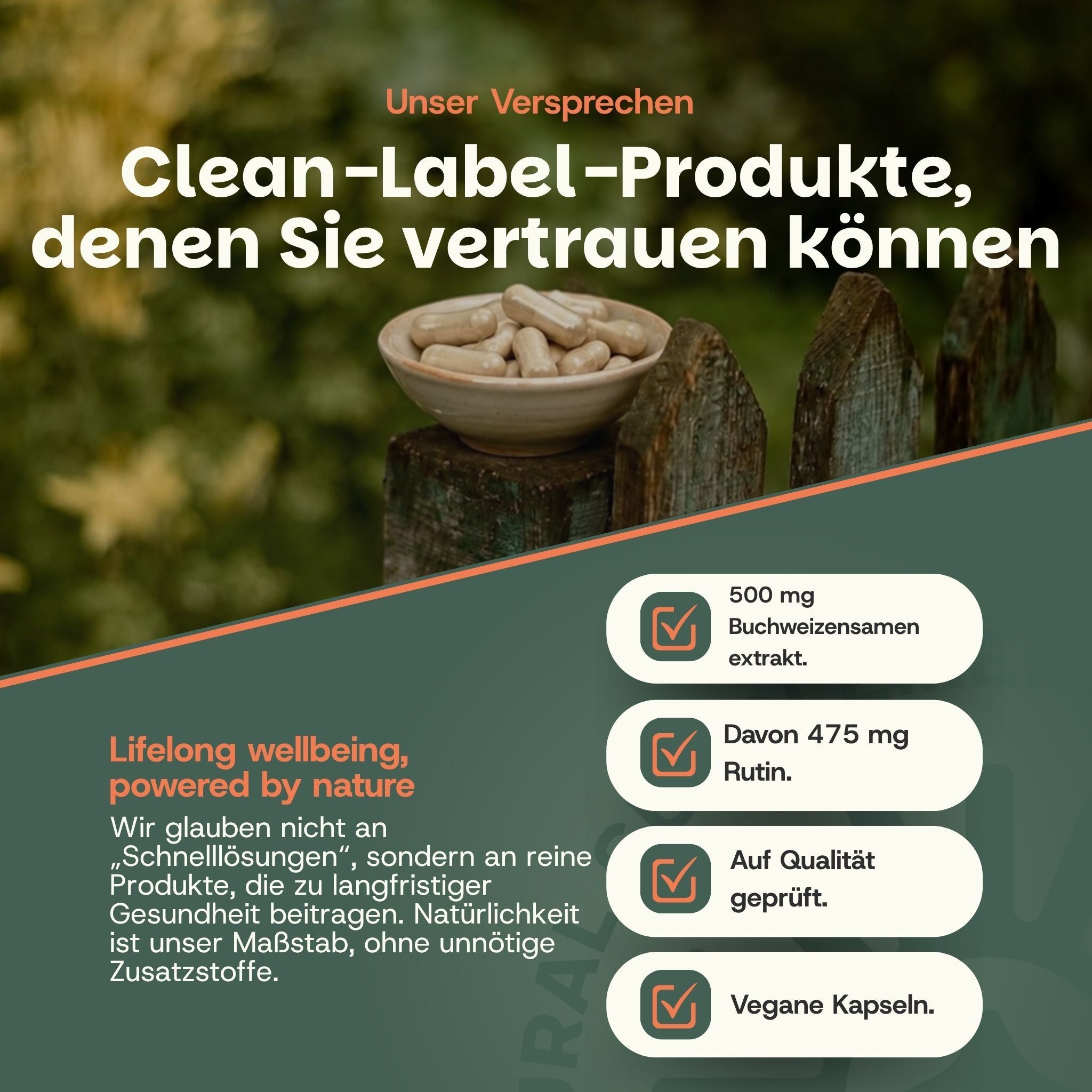 Capsules in een kom op een houten paal. "Clean Label producten die u kunt vertrouwen".